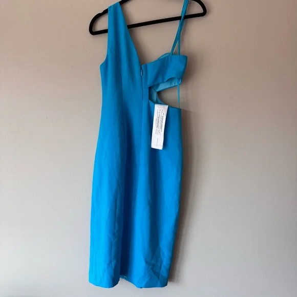 BCBGMaxAzria One Shoulder Cutout Dress NWT Blue Asymmetrical Midi Cocktail Dress - Picture 3 of 12